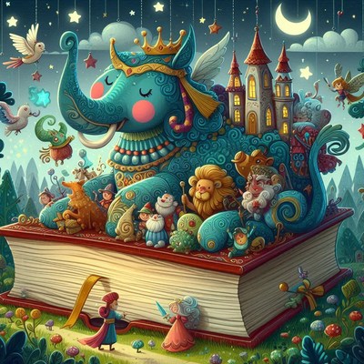 Fantasy elephant on giant book at night