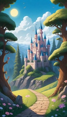 Stone path leading to a majestic castle