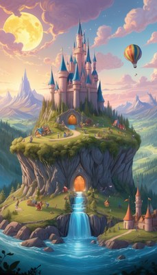Fantasy castle on mountaintop at sunset