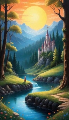 Woman stands by river at sunset with castle in background