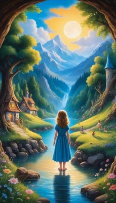 Girl standing in river in fantasy landscape
