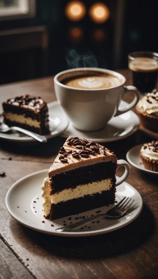 Coffee and cake on wooden table