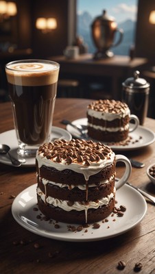 Coffee cake and latte on wooden table