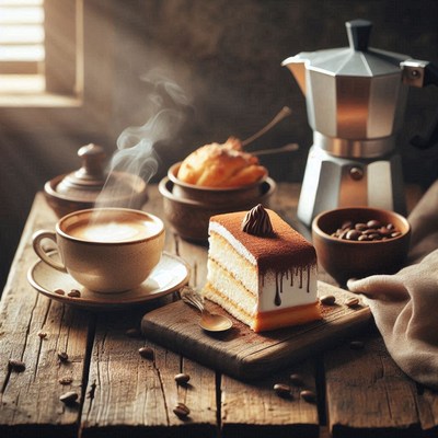 Steaming coffee and cake on wooden table