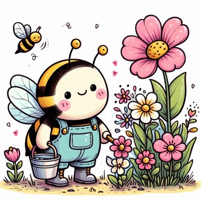 Bee gardener watering flowers