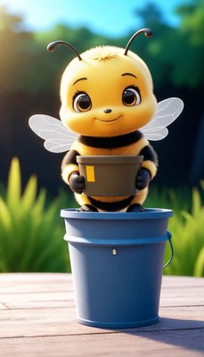 Cute bee holding pot on bucket