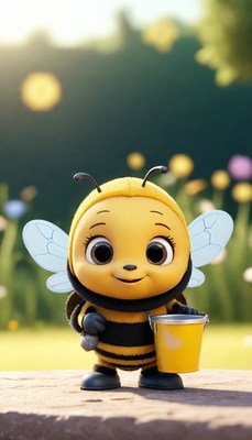Cute bee holding a bucket in a field
