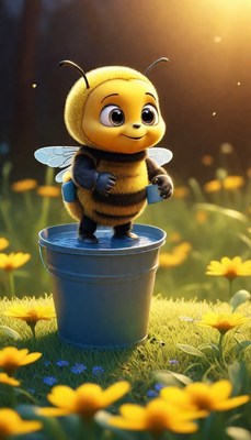 Cute bee standing on bucket in field
