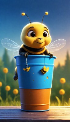 Cute bee in a blue bucket