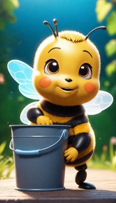 Cute cartoon bee holding bucket outdoors