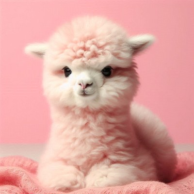Fluffy alpaca sitting on pink blanket