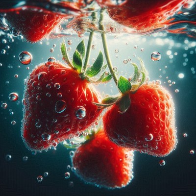 Strawberries submerged in water with bubbles