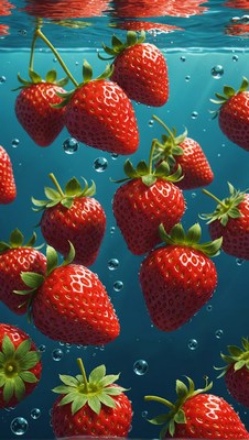 Fresh strawberries falling through water