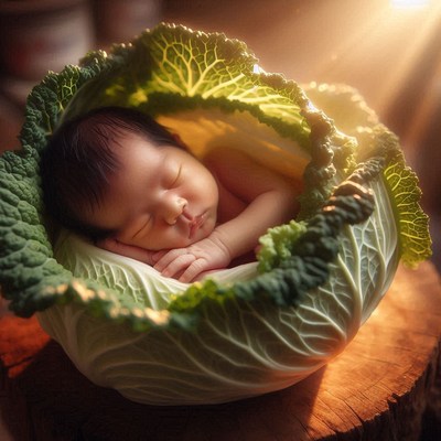 Newborn sleeping in cabbage