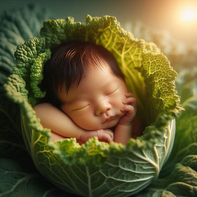 Newborn baby sleeping in cabbage