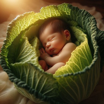Newborn baby sleeping in cabbage