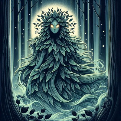 Leafy woman in forest at night