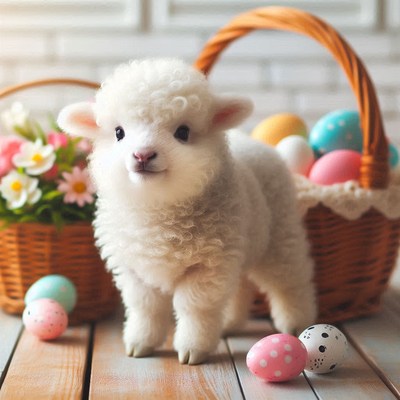 White lamb with easter eggs