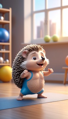 Hedgehog doing yoga in a sunny room