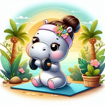 Hippopotamus lifting weights on beach