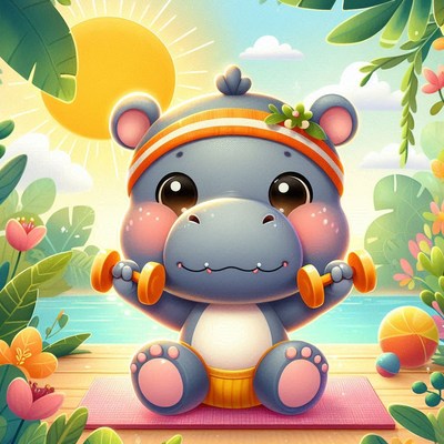 Cute hippo working out in the sunshine