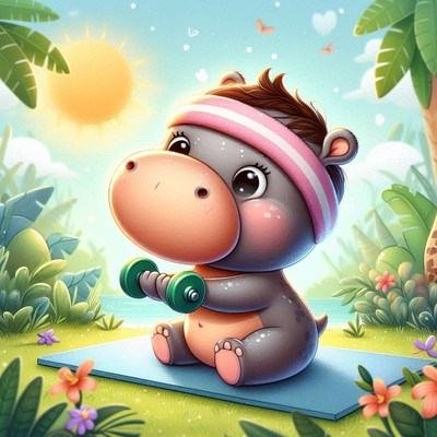 Cute hippo lifting weights outdoors
