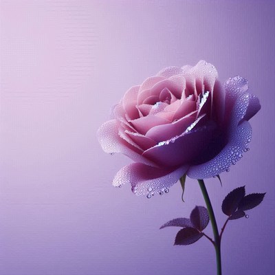 Single purple rose with dewdrops