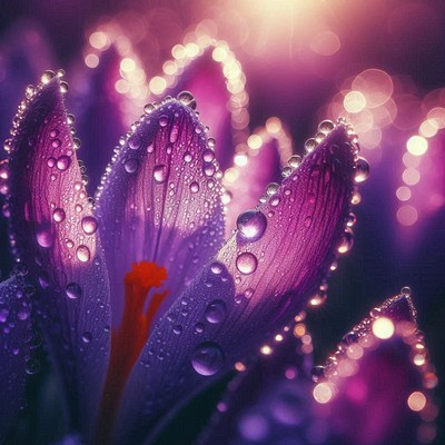 Dew-covered crocus petals in sunlight