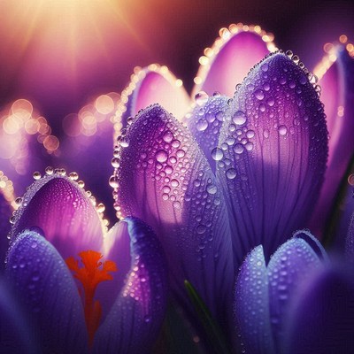 Purple crocuses covered in dew