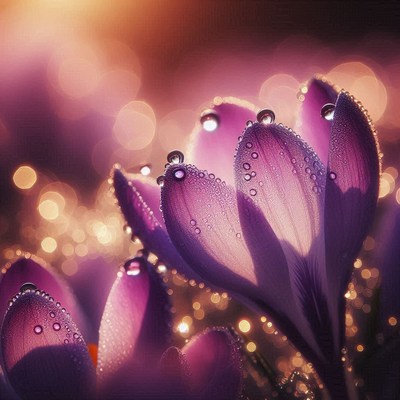 Purple crocuses covered in dew drops