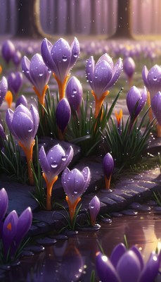 Purple crocuses after rain