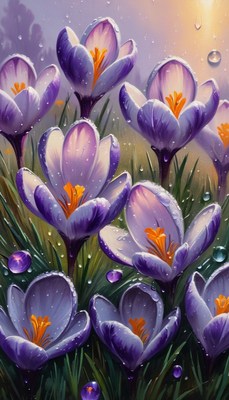 Purple crocuses in the rain
