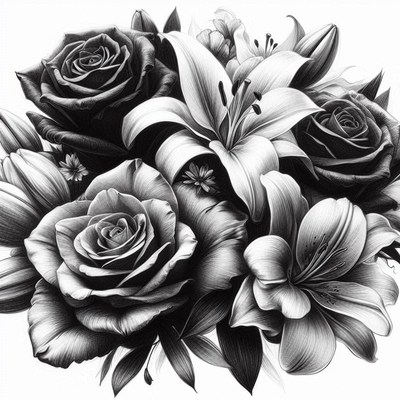 Pencil drawing of roses and lilies