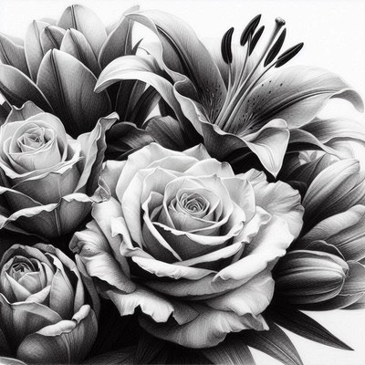 Pencil drawing of roses and lilies