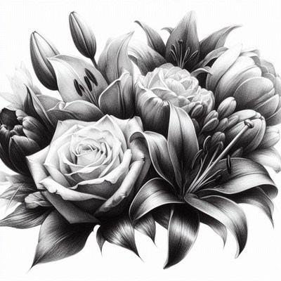 Pencil drawing of roses, lilies, and tulips