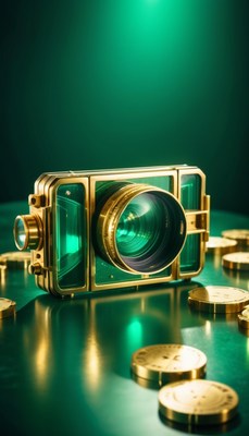 Gold camera on green surface