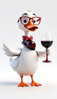Duck in glasses holding a wine glass