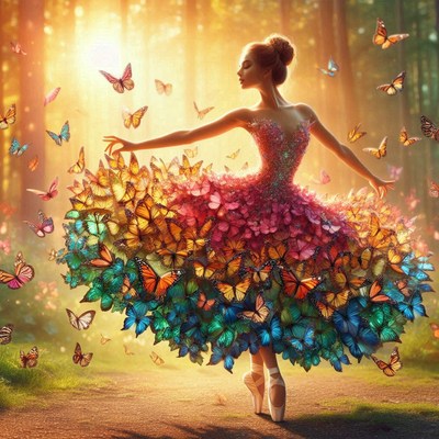 Woman in butterfly dress dancing in forest