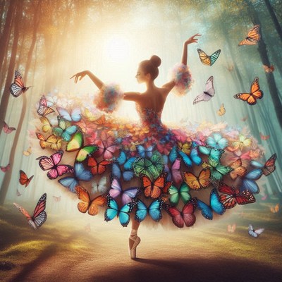 Ballerina dancing with butterflies in a forest