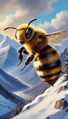 Bee flying over snowy mountains