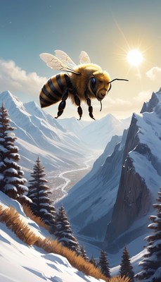 Bee flying over snowy mountains