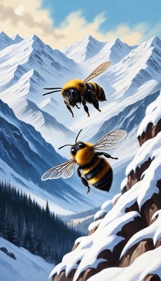 Bees flying over snowy mountains