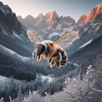 Bee flying over snowy mountains