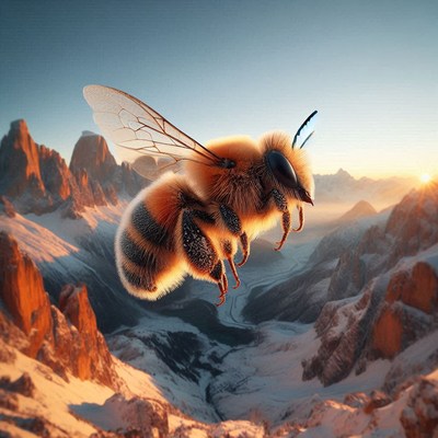 Bee flying over snowy mountains at sunset