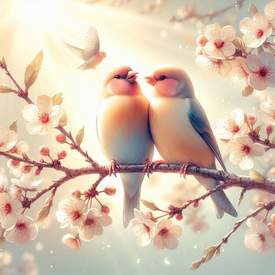 Two birds perched on a branch in spring