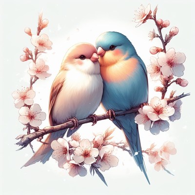 Two birds perched on branch with flowers