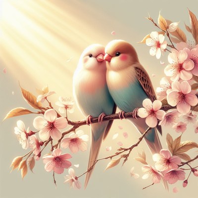 Birds perched on blooming branch