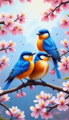 Blue birds perched in cherry blossoms