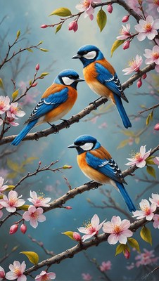 Three birds on a cherry blossom branch