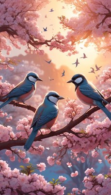 Birds perched on cherry blossom tree